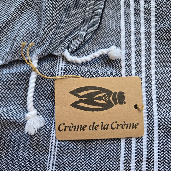 NWT Creme de la Creme Oversized Fringed Scarf Wrap Navy White Linen Cotton